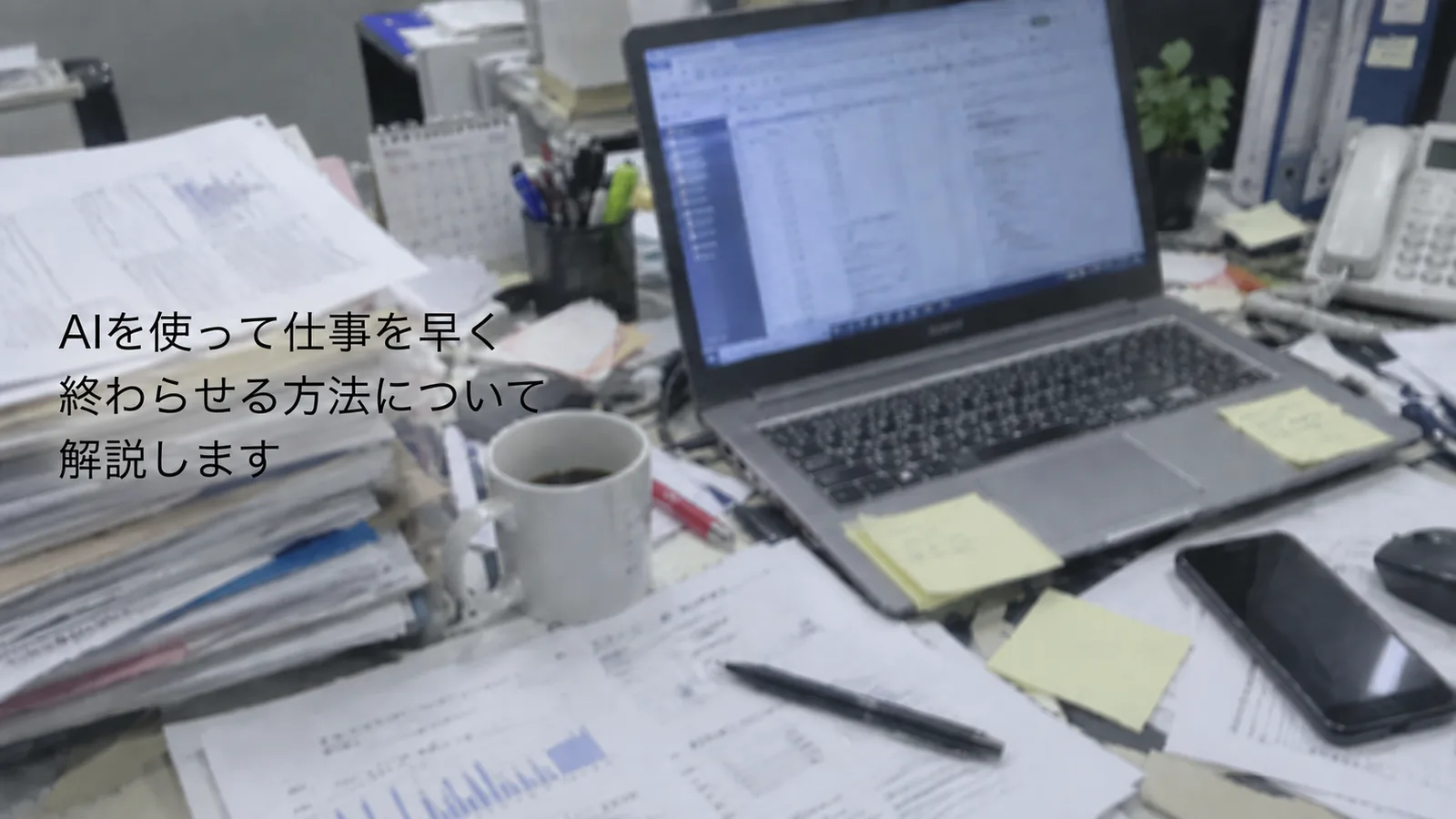 BEFORE：書類が散らかった机の写真に、細く小さな文字で「AIを使って仕事を早く終わらせる方法について解説します」と書かれ、文字が背景に埋もれたサムネイル